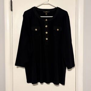 LRL Ralph Lauren Women's Plus Black Henley Tee Shirt Top 2X Gold Buttons NWT